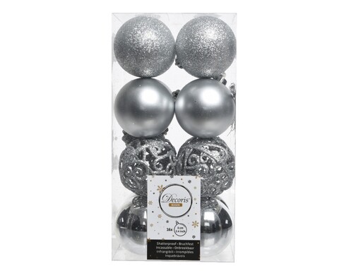 Cutie cu 16 globuri asortate Silver Mix, Decoris, plastic, argintiu