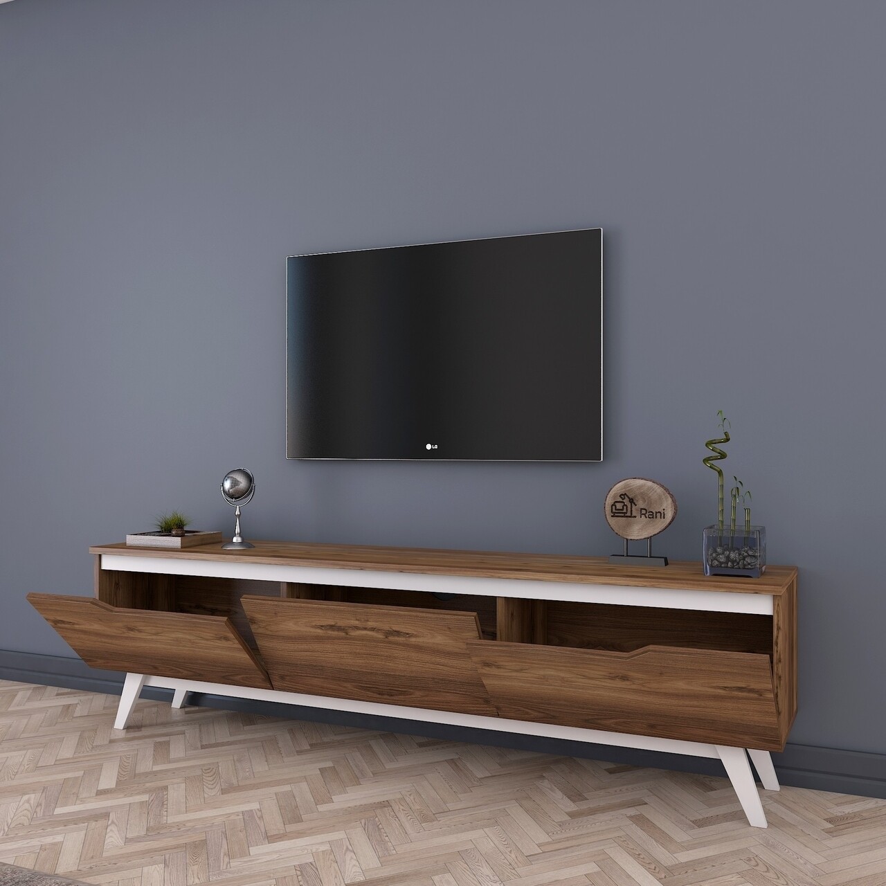 Comoda TV D1 - 795, Wren, 180 X 35 X 48.6 Cm, Walnut/white