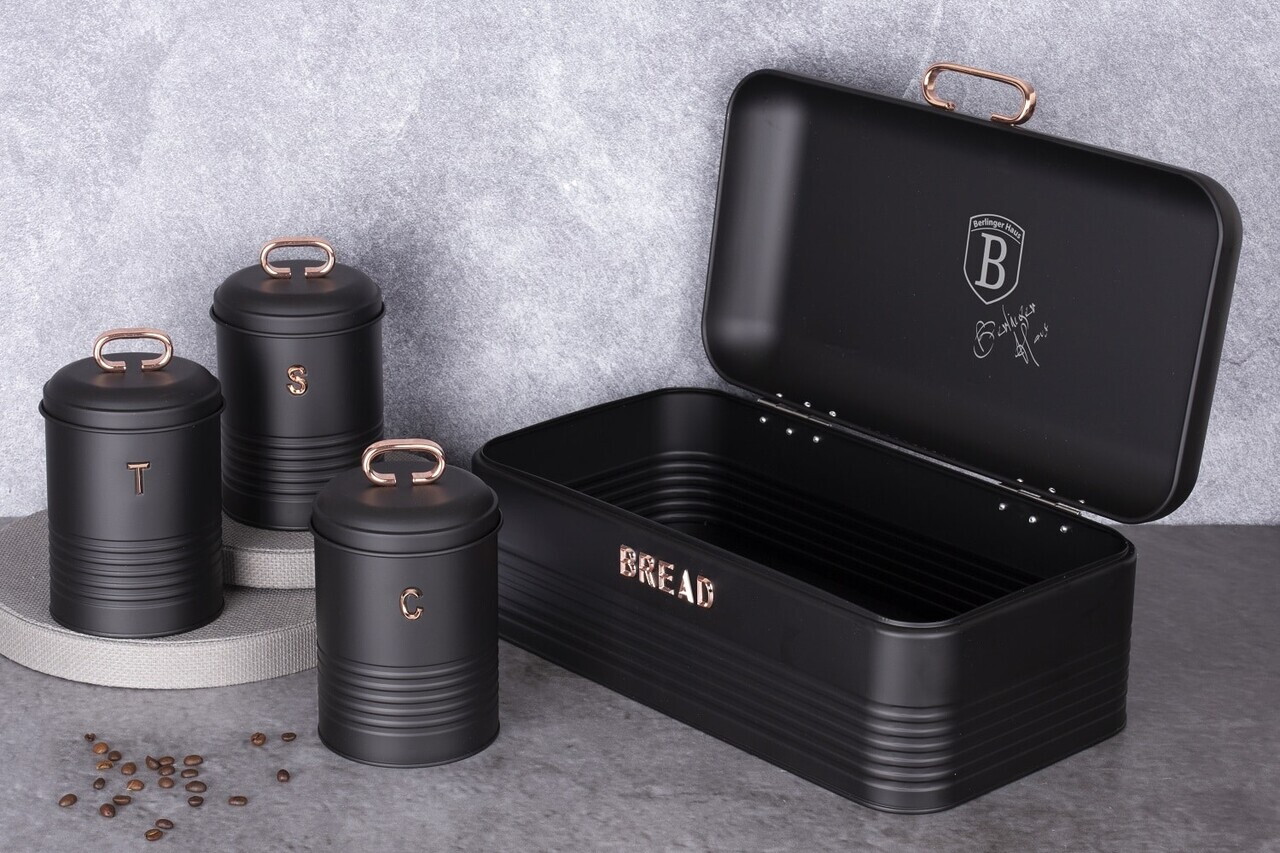 Set cutie pentru paine si 3 recipiente Berlinger Haus, Black Rose, 42.5x23x16 cm, otel carbon, negru