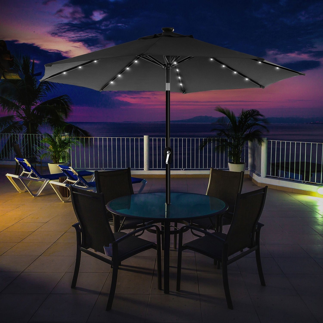 Umbrela pentru terasa, gradina, plaja, Songmics, D270 cm, 32 LED-uri cu incarcare solara, protectie solara UPF 50+, gri
