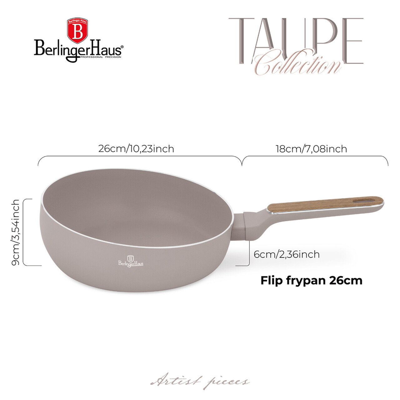 Tigaie flip Berlinger Haus, Taupe Nordic, 26 cm, aluminiu, taupe mat/natur - imagine 8