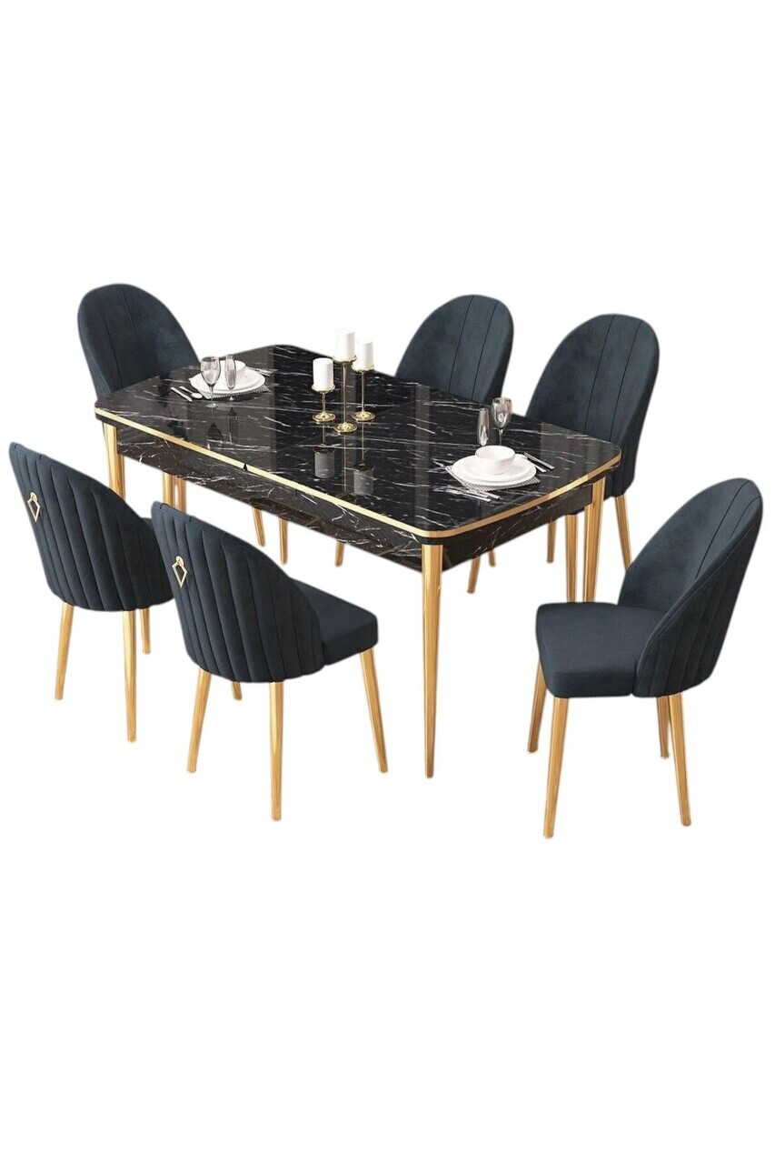Set masa extensibila si scaune (7 piese), Hanah Home, Edaf, Model de marmură neagră / Auriu / Antracit — imaginea 2