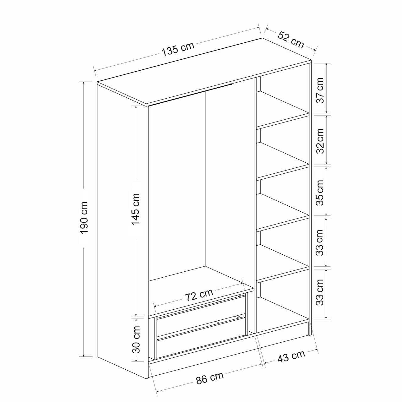 Dulap pentru haine, Minerva, Kale White Black, 135x190x52 cm, PAL, Alb/Negru