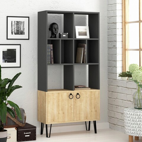 Corp biblioteca, decortie, bene, 80x166x30 cm, antracit / stejar
