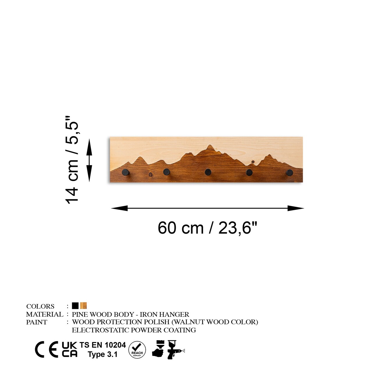 Cuier de perete din lemn, Mountain 4, Lățime: 60 cm Înălțime: 14 cm Adâncime: 5 cm, Nuc / Natural