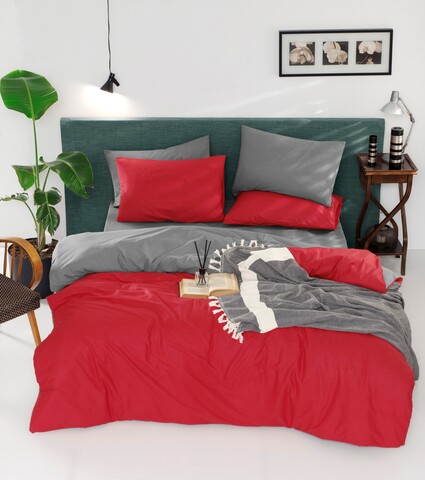 Lenjerie de pat dubla King Quilt (BL) Çift Yönlü, Mijolnir, 3 piese, 240x220 cm, bumbac ranforce, rosu/gri
