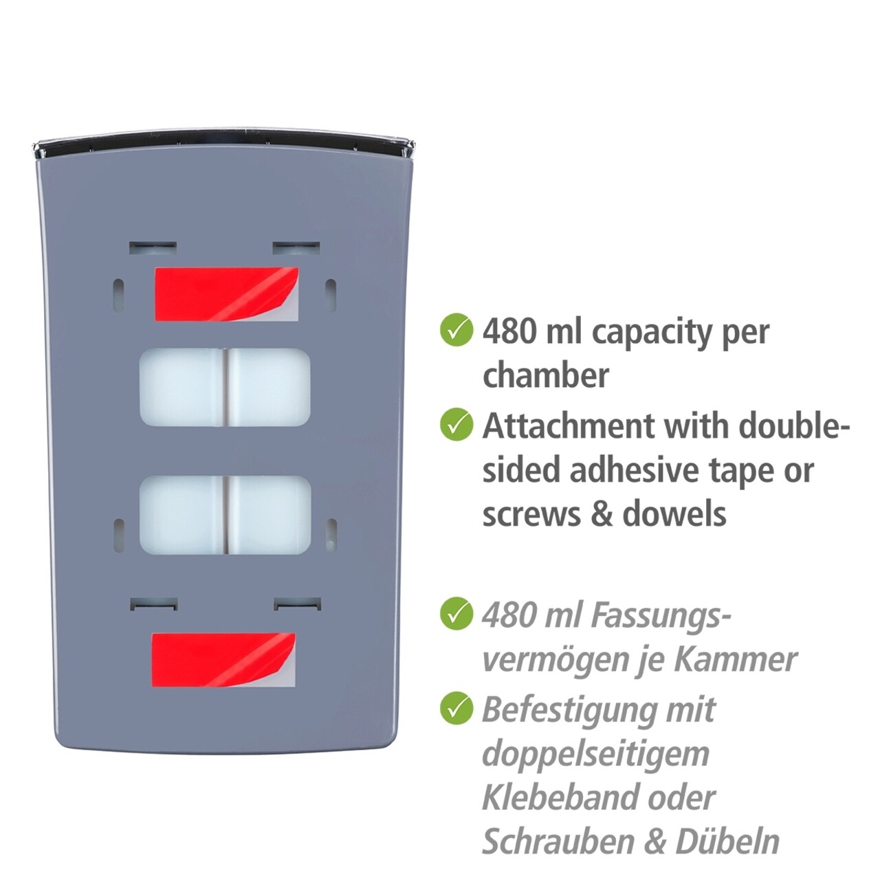 Dozator sapun lichid si dezinfectant, Wenko, 2 Chamber, 14.5 x 9 x 24 cm, 480 ml, plastic, alb/gri - view 9