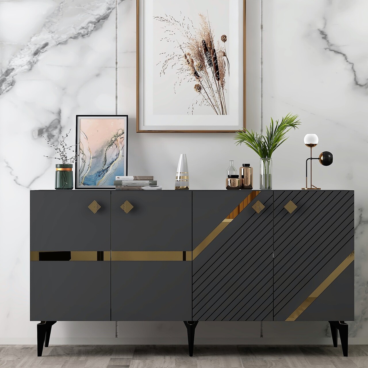 Consola, Olivia, Iris, 150x40x79 cm, PAL , Antracit / Aur - 1 | YEO