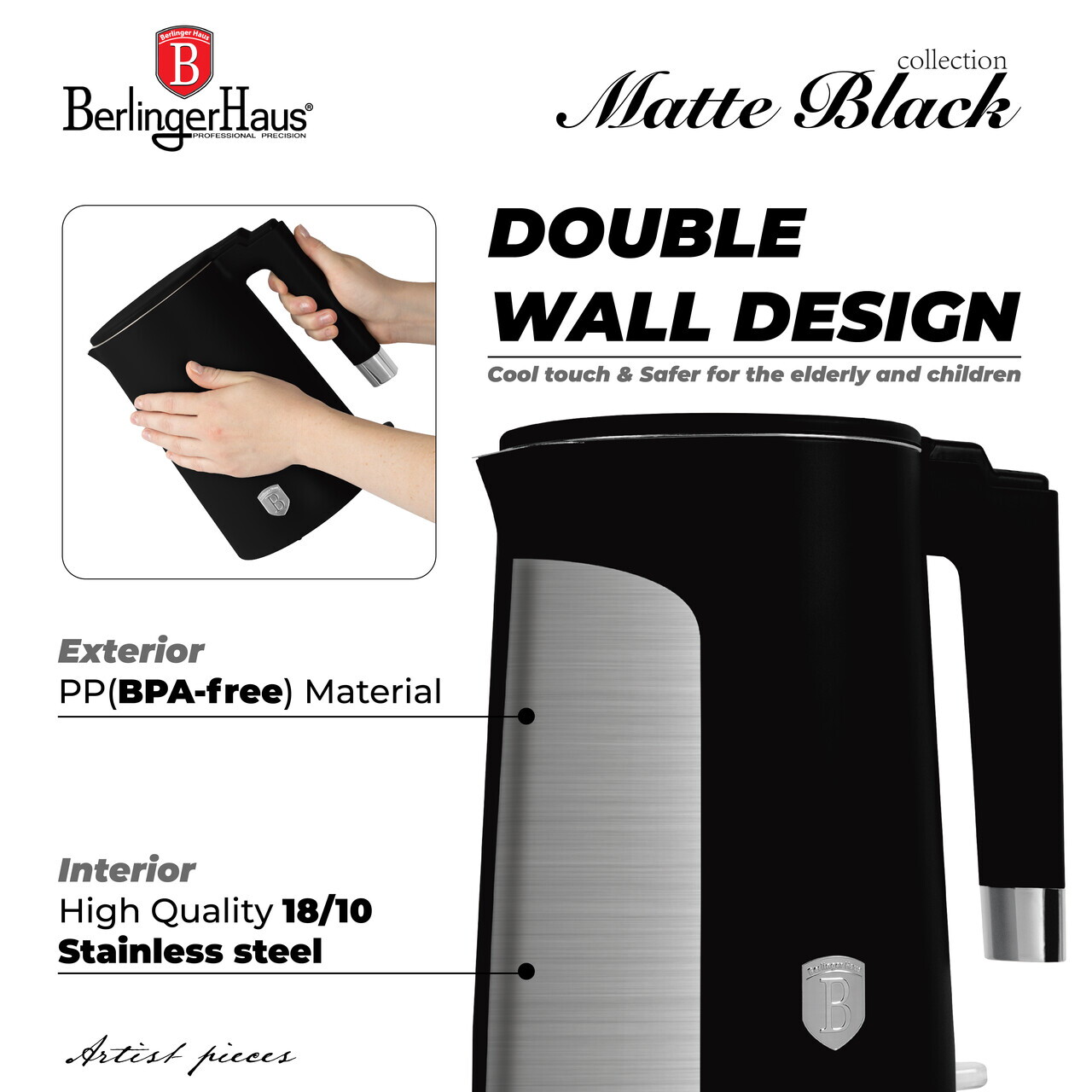 Ceainic electric cu pereti dubli Berlinger Haus, Matte Black, 1.7 L, plastic/inox, negru mat - imagine 10