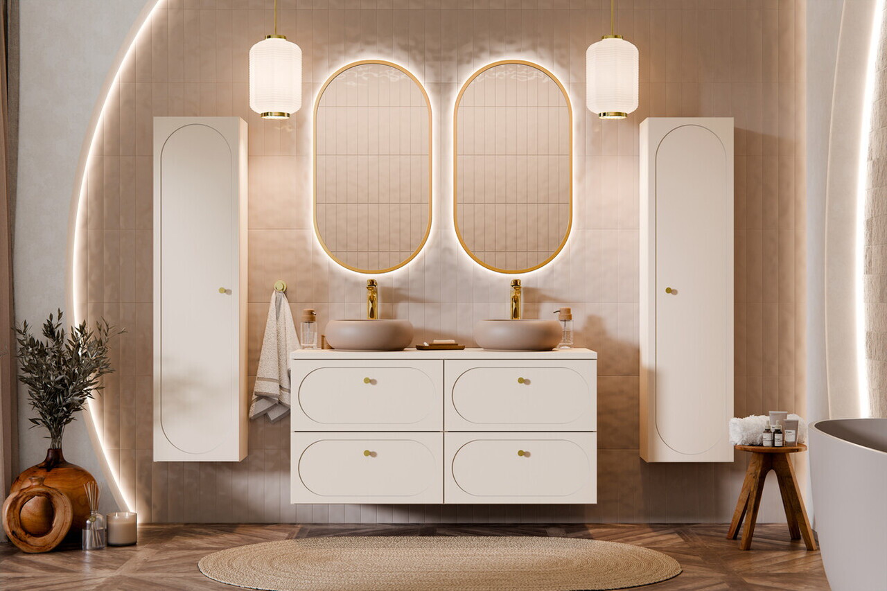 Set mobilier baie Donna Sand 60 cm, dulap inalt si masca lavoar, Comad, MDF/PAL, bej nisip - view 2