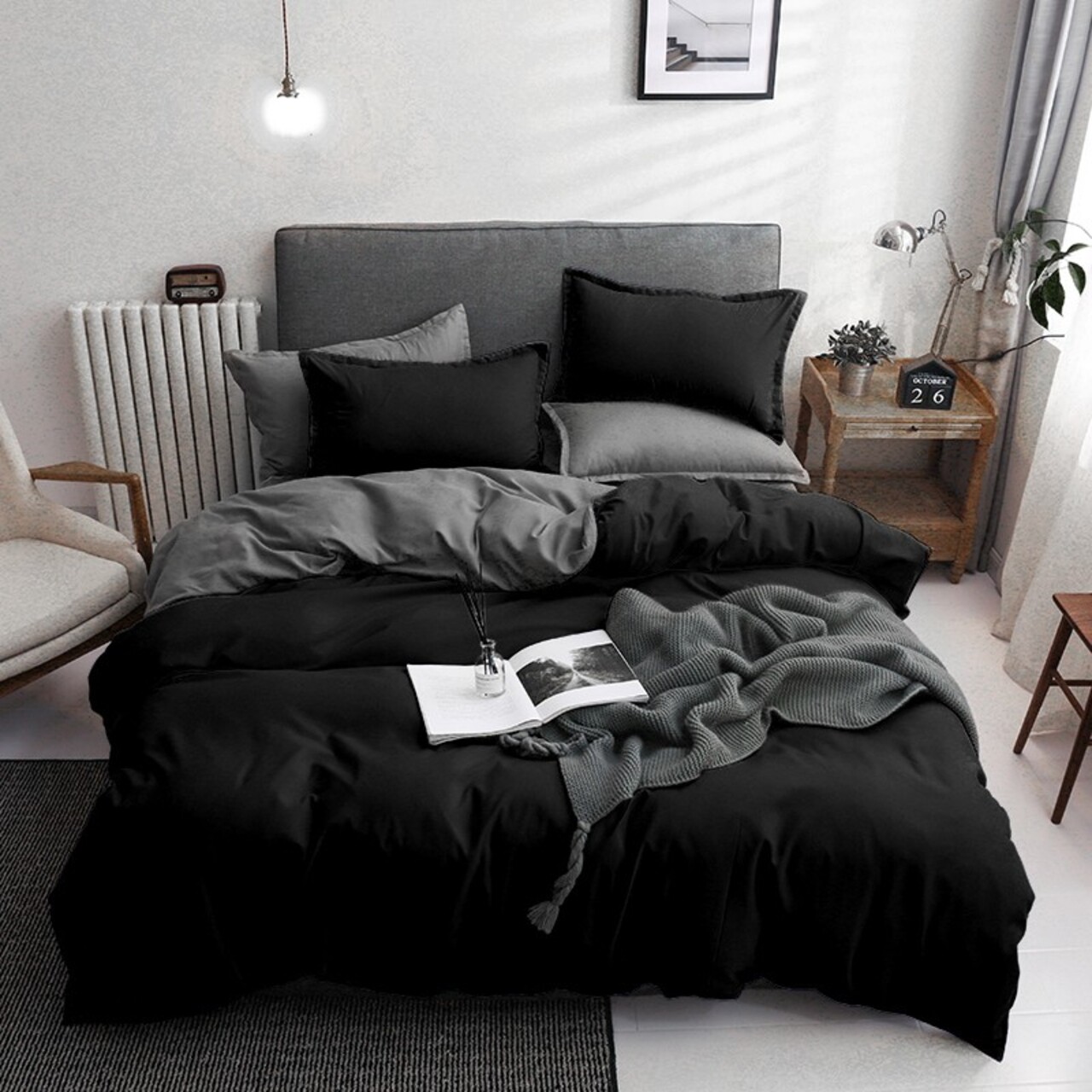 Lenjerie de pat dubla 3 piese, Basic - Black, EnLora Home, 65% bumbac/35% poliester