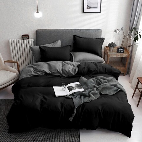 Lenjerie de pat dubla 3 piese, Basic - Black, EnLora Home, 65% bumbac/35% poliester
