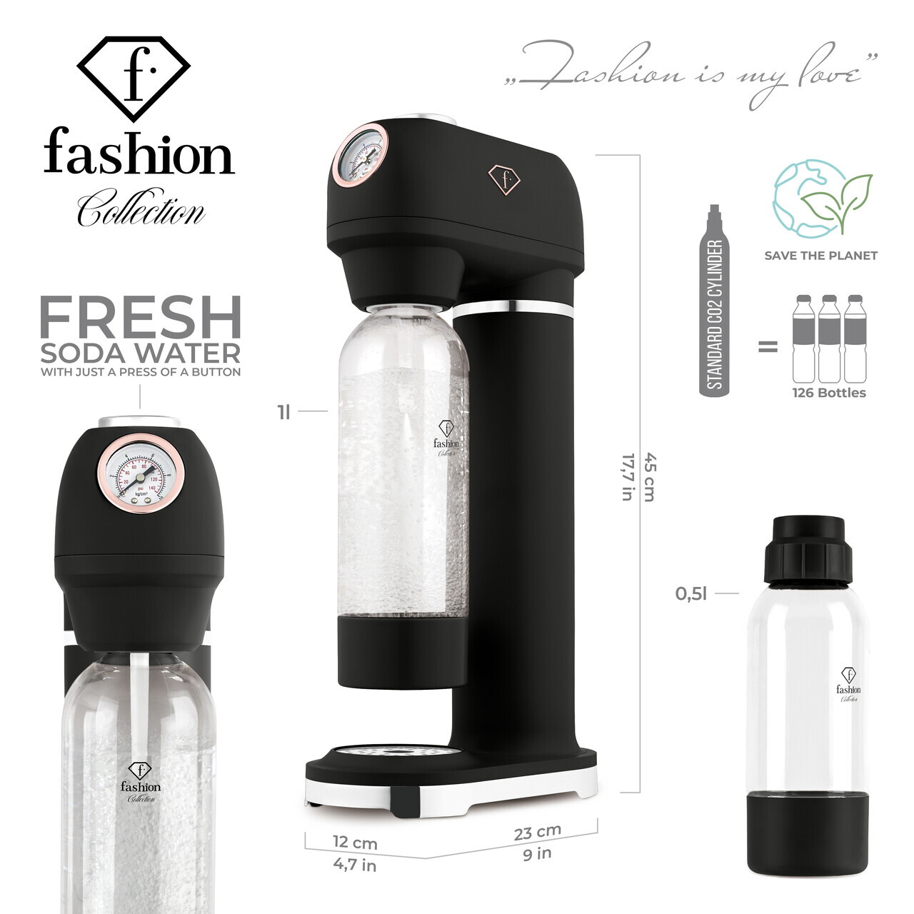 Aparat sifon Fashion TV, Black Rose, 23x12x45 cm, 0.5L / 1L, inox/polipropilena, negru - view 9