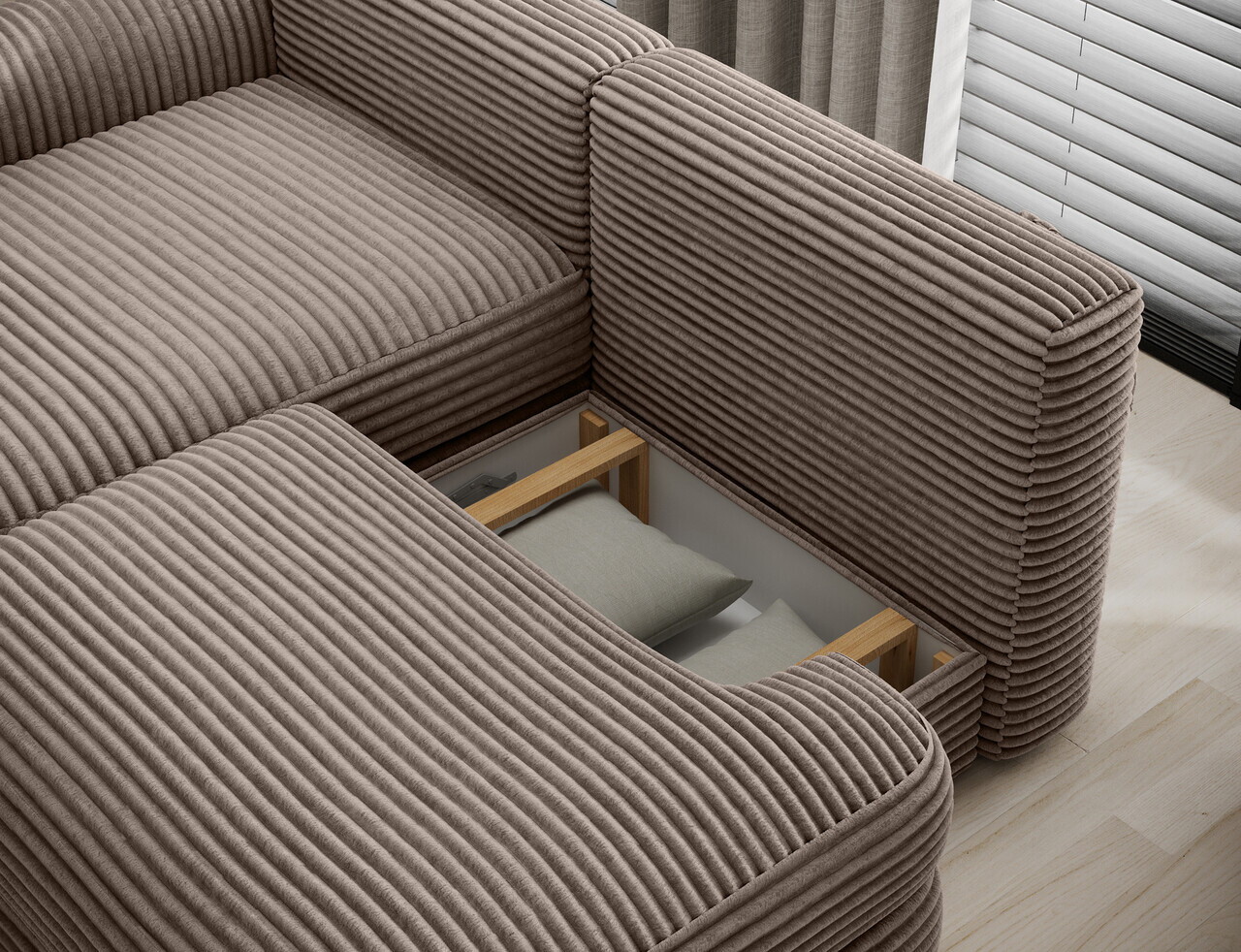 Coltar extensibil stanga 3 locuri ELTAP, Ripeli, 217x175x96 cm, lemn/catifea din poliester, maro deschis — imaginea 7