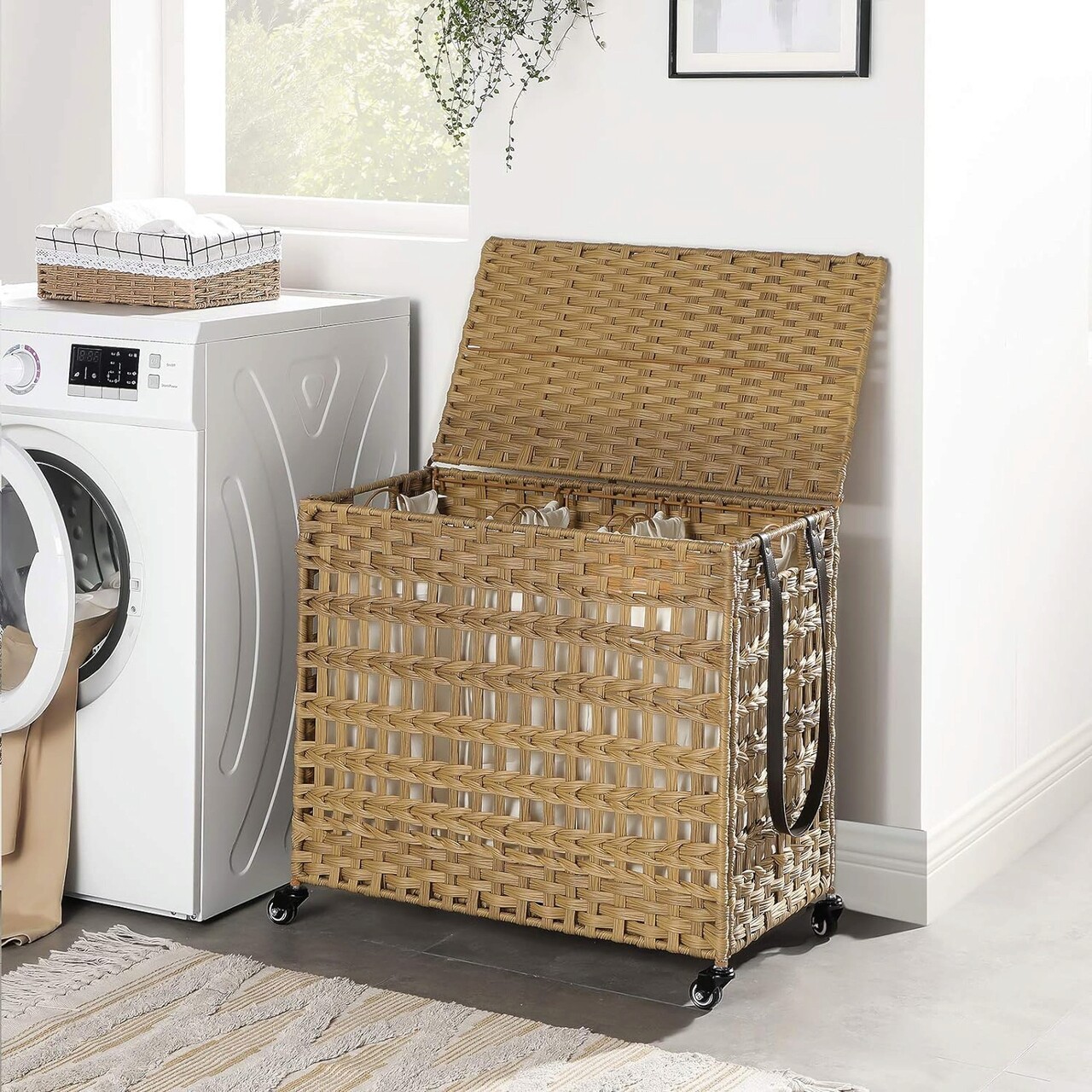 Cos de rufe tesut manual cu 3 compartimente si roti, Vasagle, 140 L, 66x36x60 cm, poliratan/metal/bumbac, natural - 1 | YEO