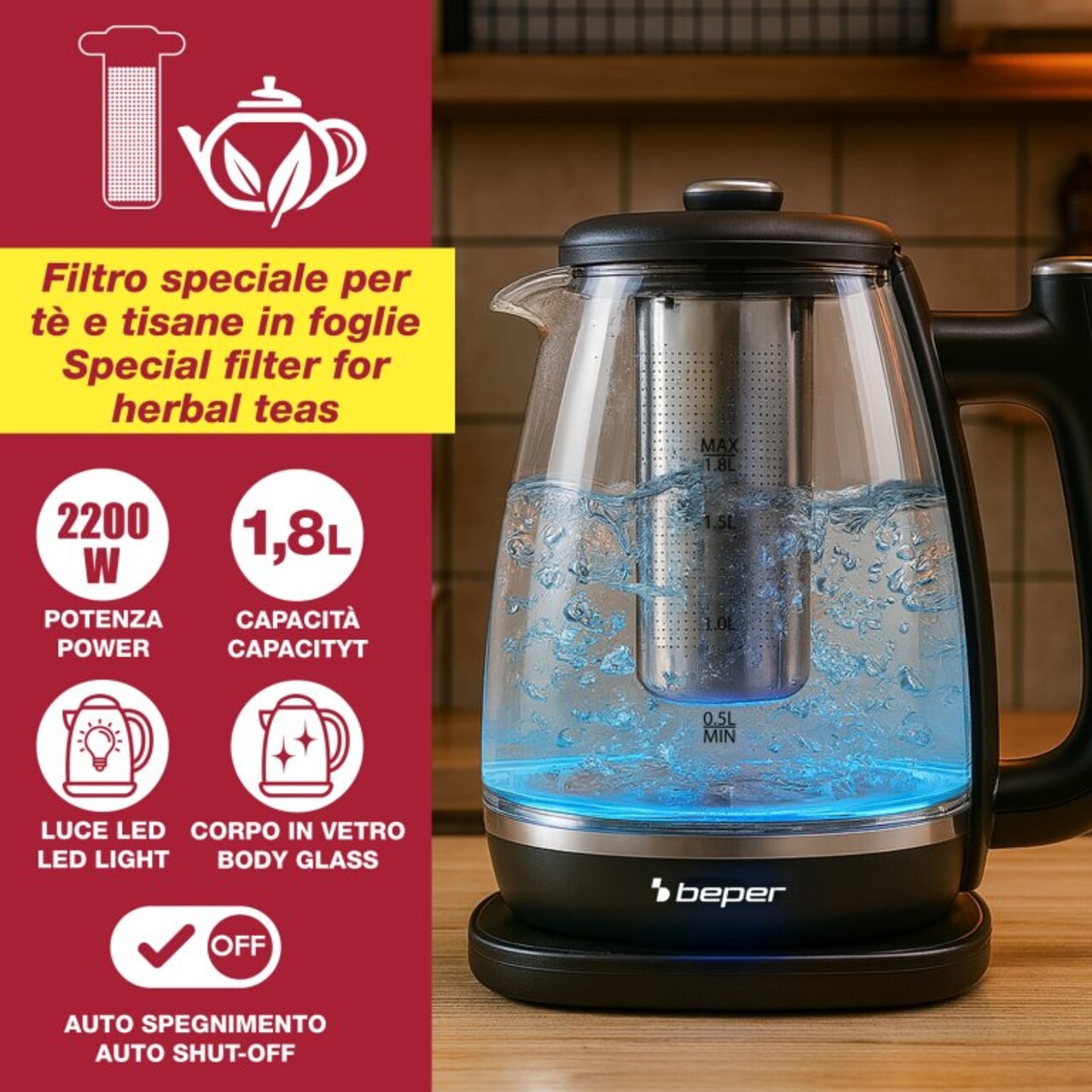 Fierbator 2 in 1 pentru apa si ceai Beper, 1.8 L, 22.5x17x25.5 cm, 2200 W, sticla/plastic/inox, negru/transparent - view 3