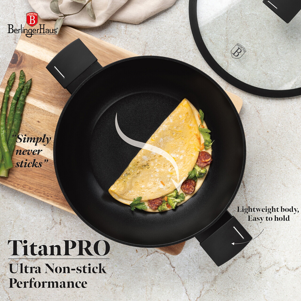 Tigaie Wok cu capac Berlinger Haus, Matte Black, 30 cm, aluminiu forjat, negru - imagine 5