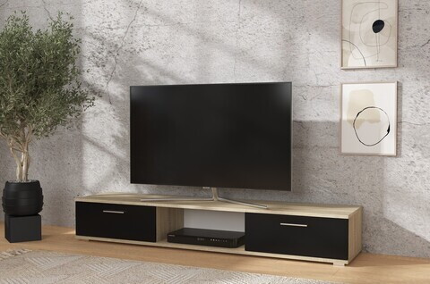 Comoda TV ADRK, Sella, 176x40x28 cm, PAL laminat, negru mat/sonoma