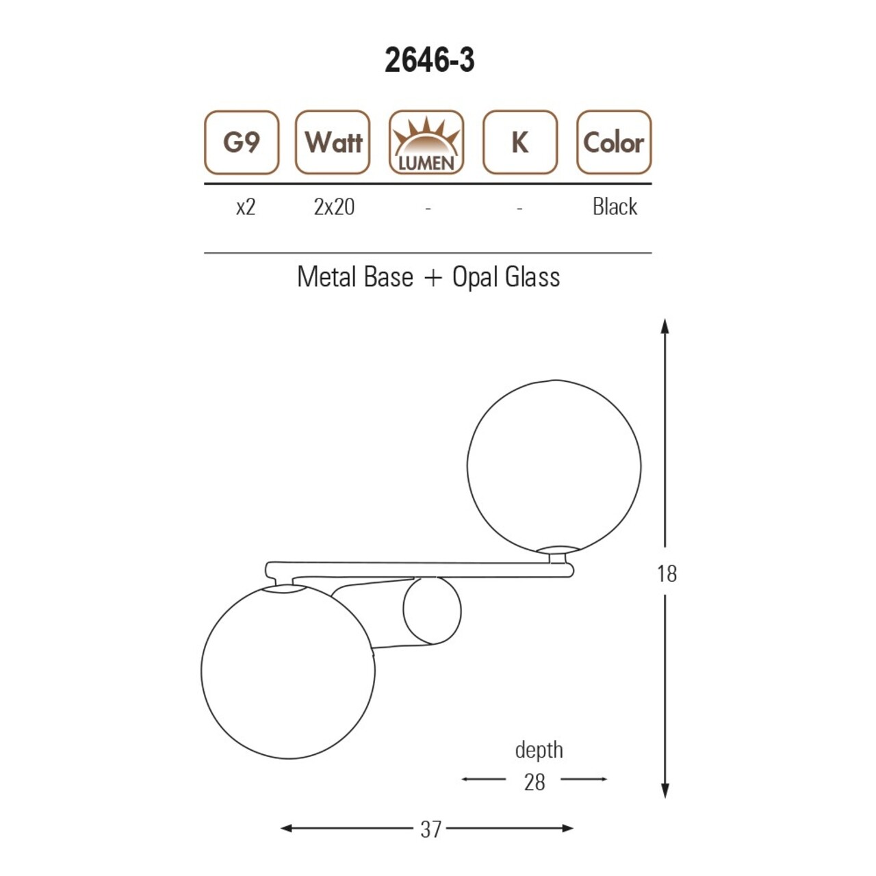 Aplica de perete, L1157 - Black, Lightric, 37 x 28 x 18 cm, 2 x G9, 20W, negru