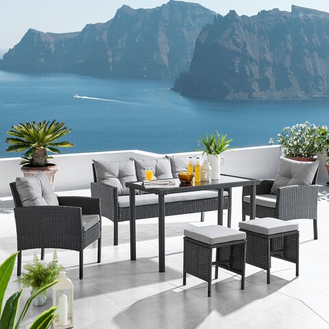 Set mobilier pentru gradina/terasa, Clary, 6 piese, otel/fibre sintetice, negru/gri