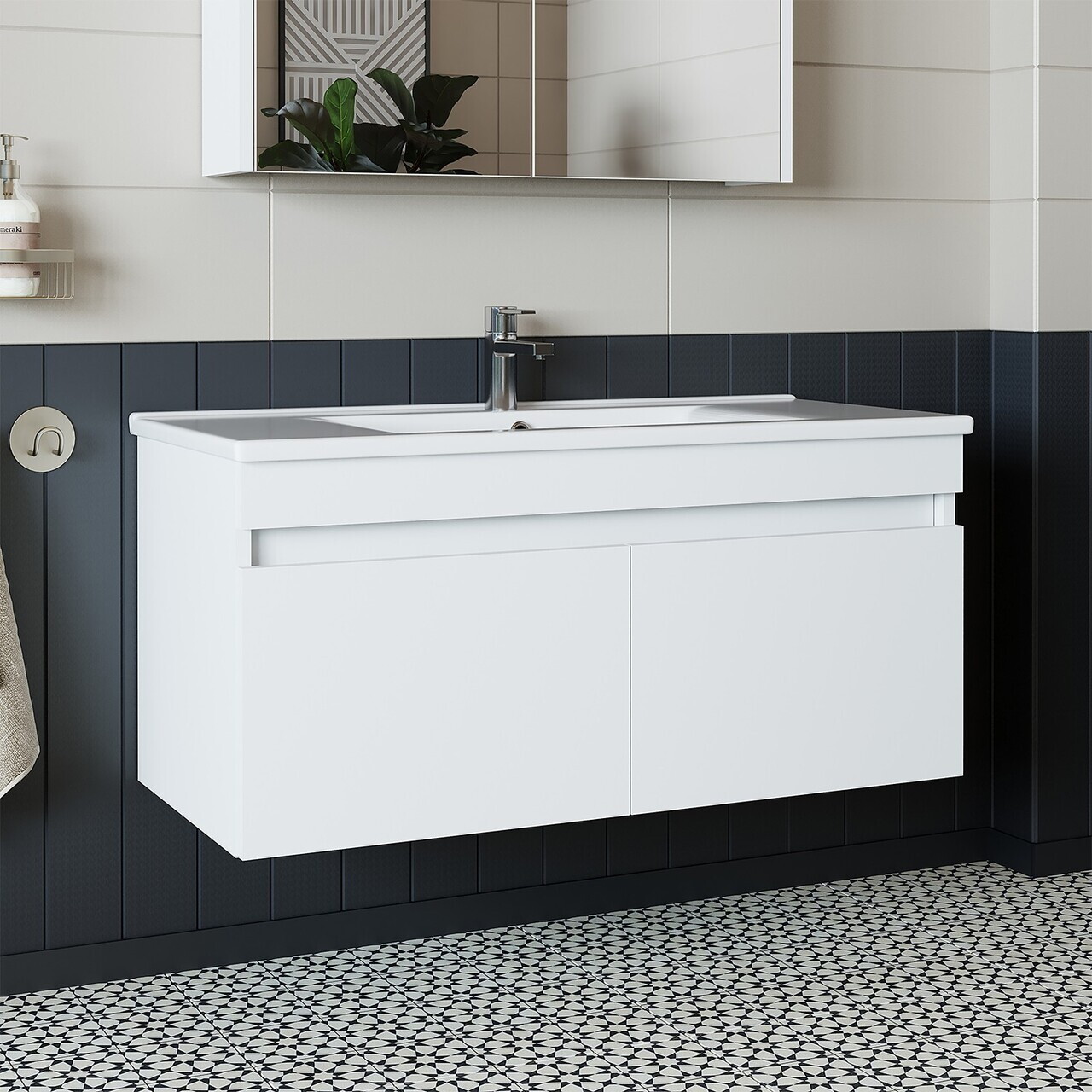 Dulap de baie cu chiuvetă, Hanah Home, 1053, 100x48x45.5 cm, MDF-LAM, Alb mat