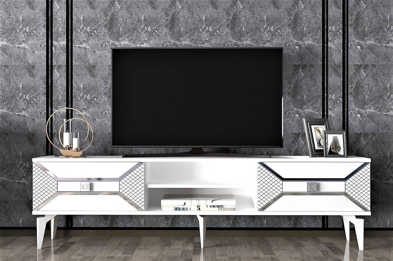 Comoda TV, Olivia, Yumedi, 150x50x30 cm, PAL , Alb / Argintiu - 1 | YEO