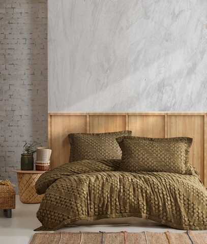 Set cuvertura de pat dubla Pique, 3 piese, 220×240 cm, 100% bumbac Jacquard, Saheser, Enza, kaki mezoni.ro