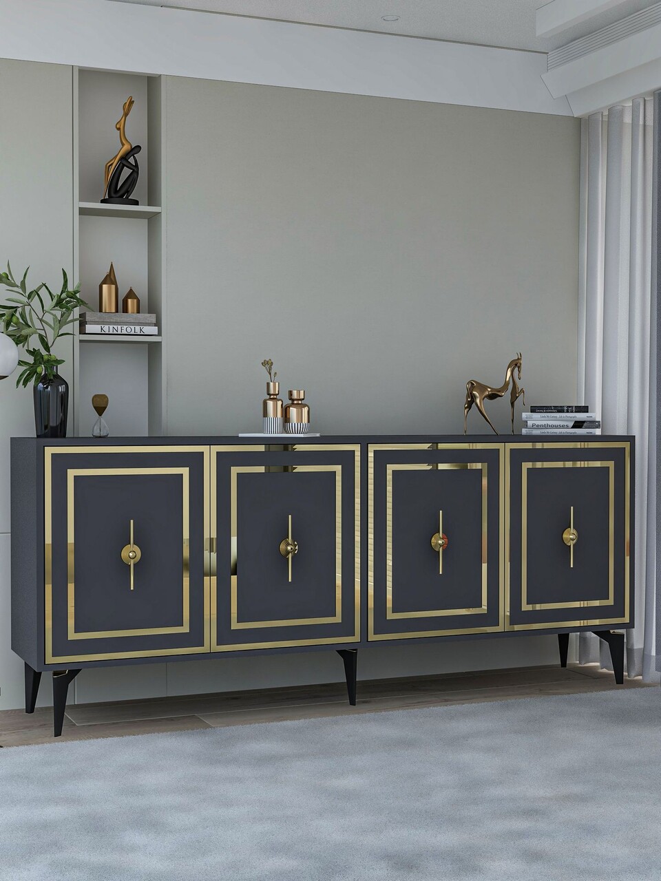 Consola, Hanah Home, Samba, 180x78.6x35 cm, PAL , Antracit / Aur - view 2