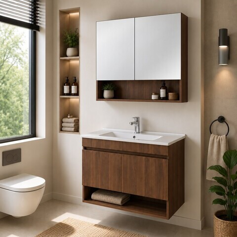 Set Dulap de Baie cu Chiuvetă și Oglindă (2 Piese), Hanah Home, Compacta 100, Nuc închis nou