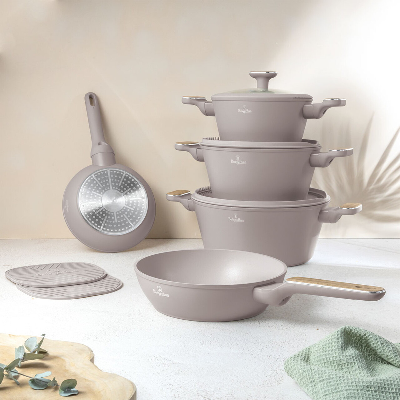 Set pentru gatit Berlinger Haus, Taupe Nordic, 10 piese, aluminiu forjat, taupe mat/natur - imagine 5