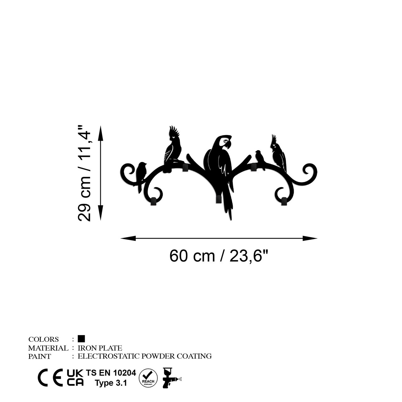 Cuier de perete, Tropical, Metal, Lățime: 60 cm Înălțime: 29 cm Adâncime: 2 cm, Negru — imaginea 7