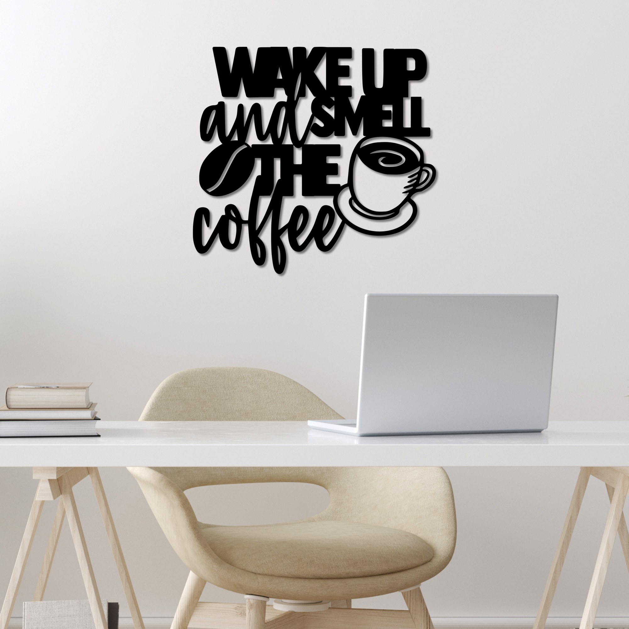 Decoratiune de perete, Wake up Coffee, Dimensiuni: 52 x 48 cm, Negru