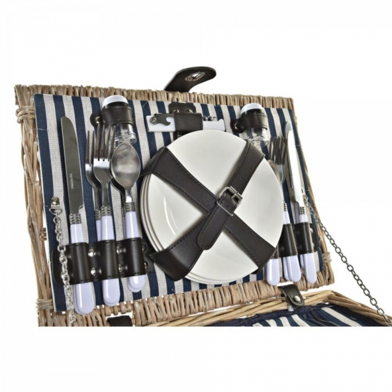 Cos De Picnic Pentru 4 Persoane, DKD Home Decor, 41 X 33 X 23 Cm  , Rachita/inox/poliester, Natural/albastru