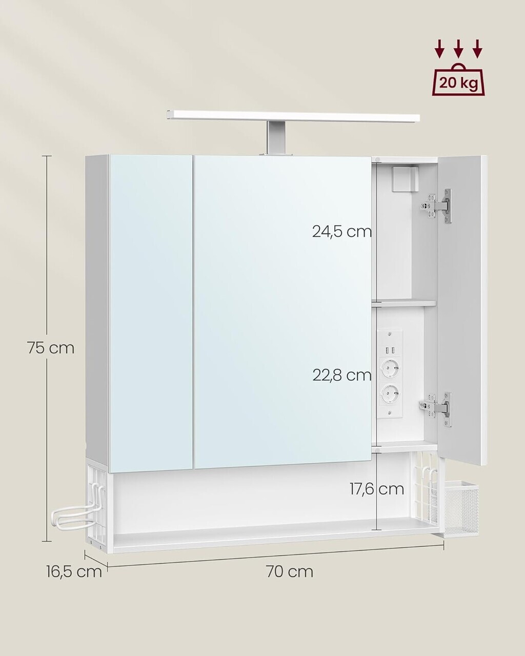 Dulap baie cu oglinda Vasagle, cu prize si USB, 70x16.5x75 cm, PAL/MDF/sticla, alb - imagine 2