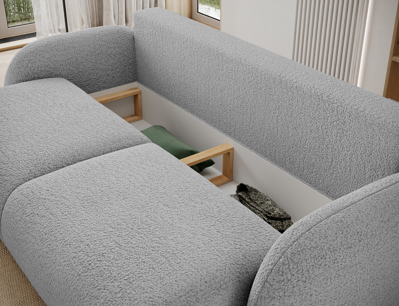Canapea extensibila 3 locuri ELTAP, Avuela, 250x105x94 cm, lemn/tesatura boucle, gri — imaginea 7