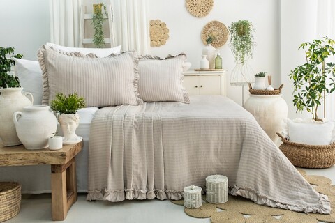 Set cuvertura pique dubla, Martha - Beige, Şaheser, Bumbac