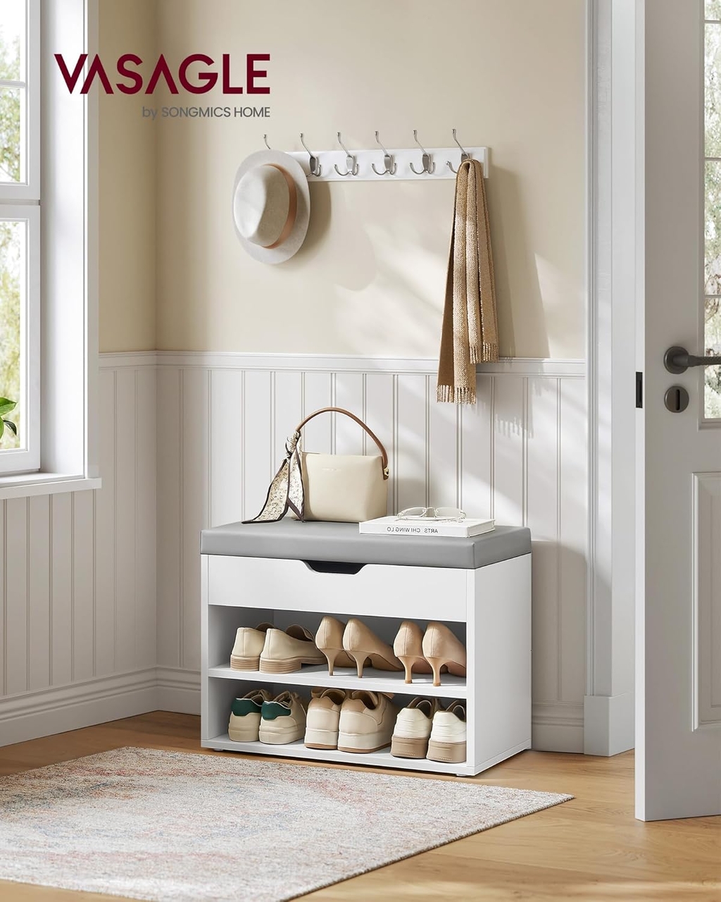 Bancheta cu pantofar, Vasagle, 60x30x44 cm, max 136 kg, MDF/PAL/piele ecologica, alb cloud