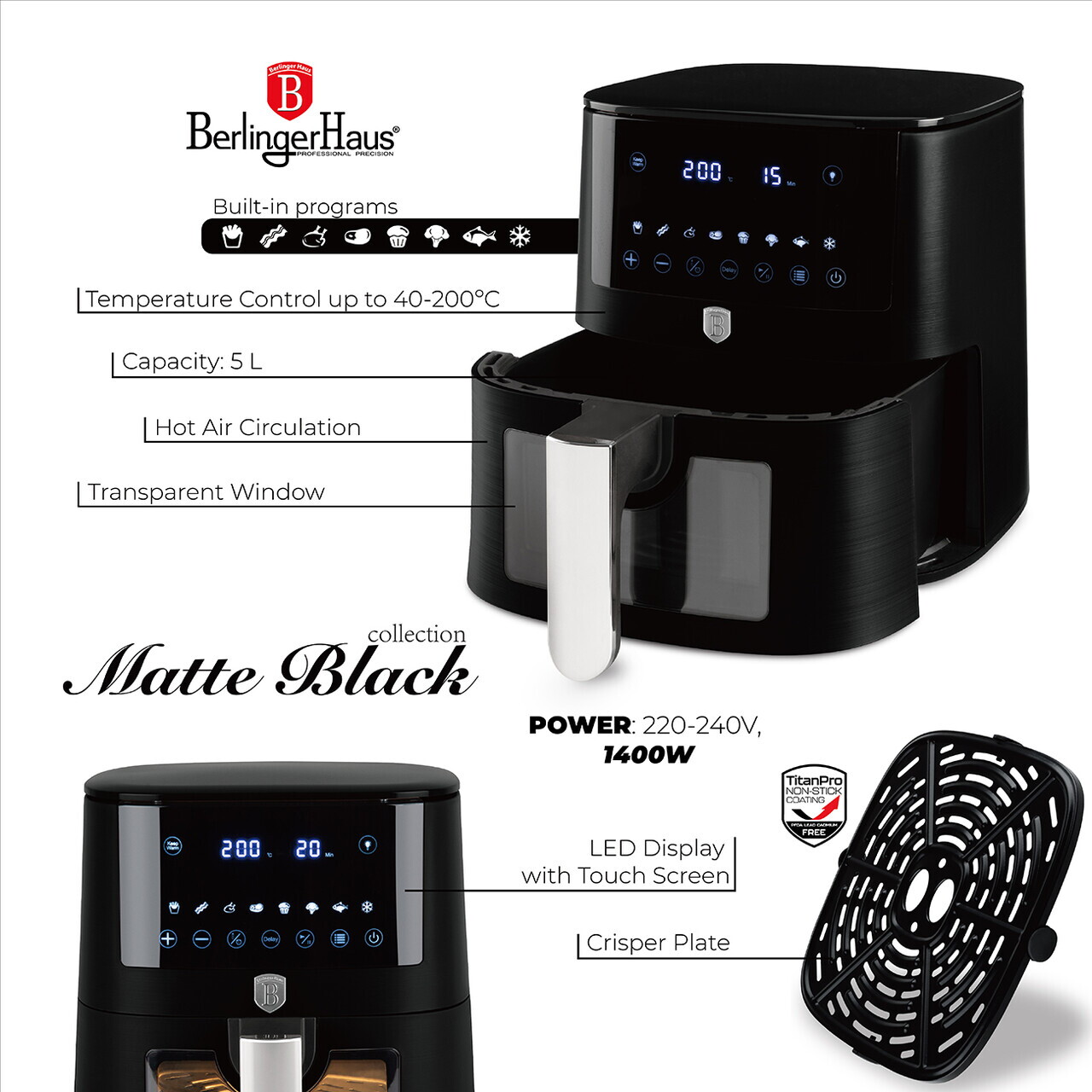 Friteuza cu aer cald si fereastra Berlinger Haus, Matte Black, 5 L, 1400W, negru mat - imagine 11