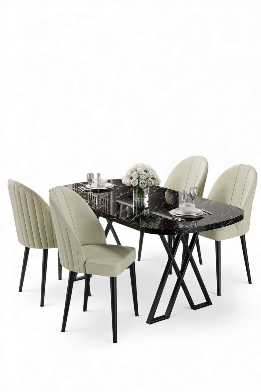 Set masă și scaune (5 bucăți), Hanah Home, Kaye, Marmură neagră / Crem - view 2