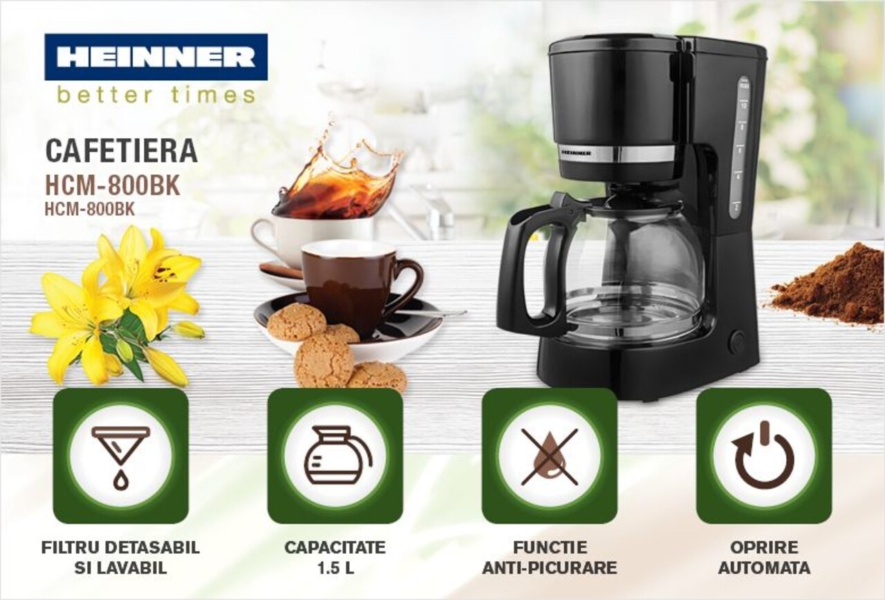 Cafetiera Heinner, 670-800 W, 1.5 L, Negru