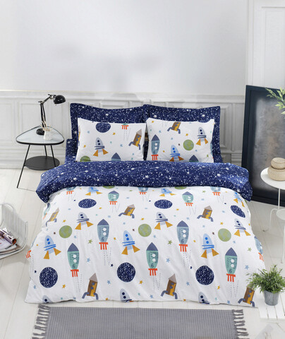 Lenjerie de pat dubla, spacex - dark blue, enlora home, bumbac ranforce