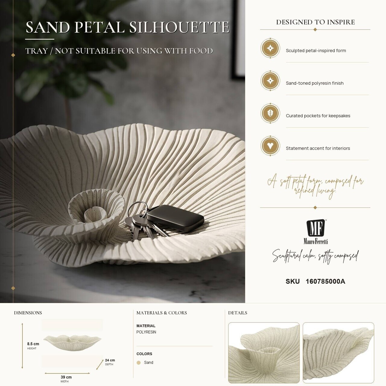 Bol decorativ, Mauro Ferretti, Petal, 39x24x8.5 cm, polirasina, nisip - view 7