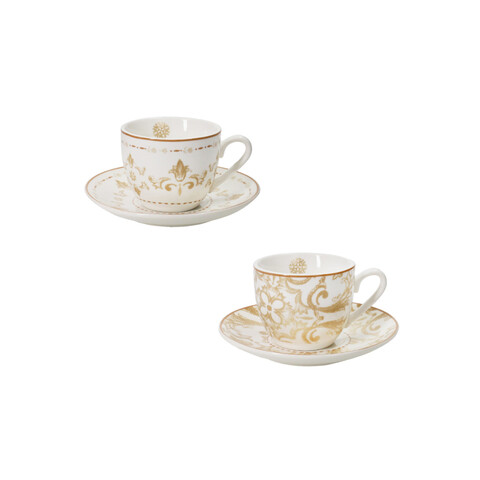 Set 2 cesti cu farfurie pentru cafea, Excalibur v1, Brandani, D11x5 cm, 50 ml, portelan New Bone China