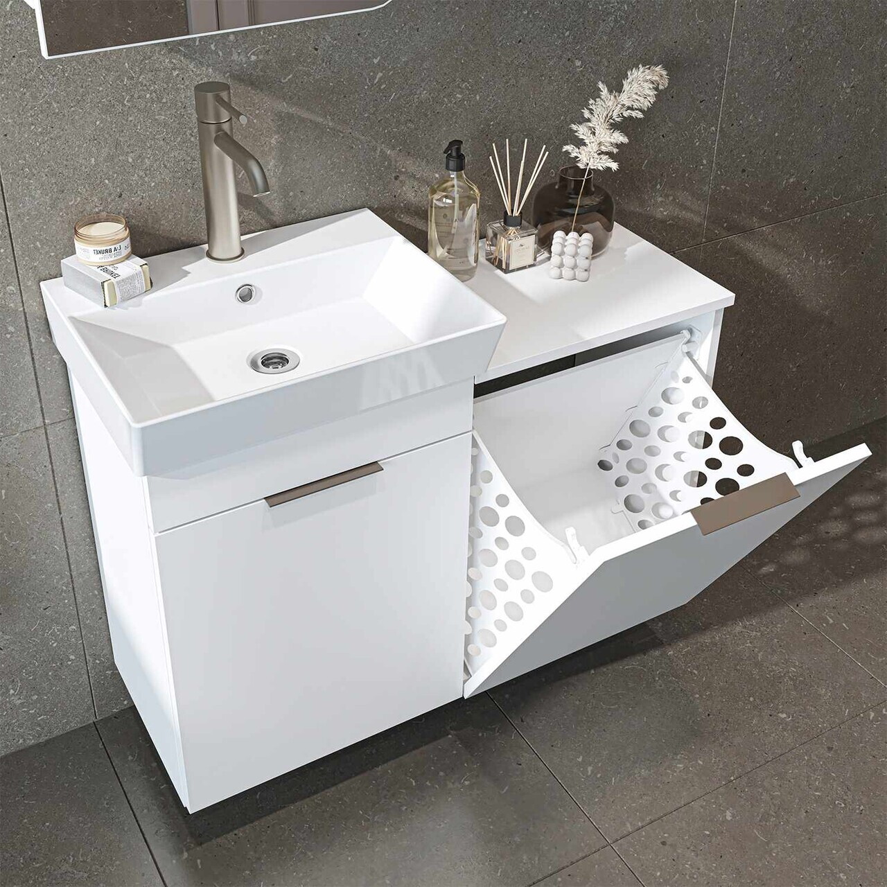 Set Dulap de Baie cu Chiuvetă și Oglindă (2 Piese), Hanah Home, Dubai Sepetli, PAL, Alb — imaginea 4