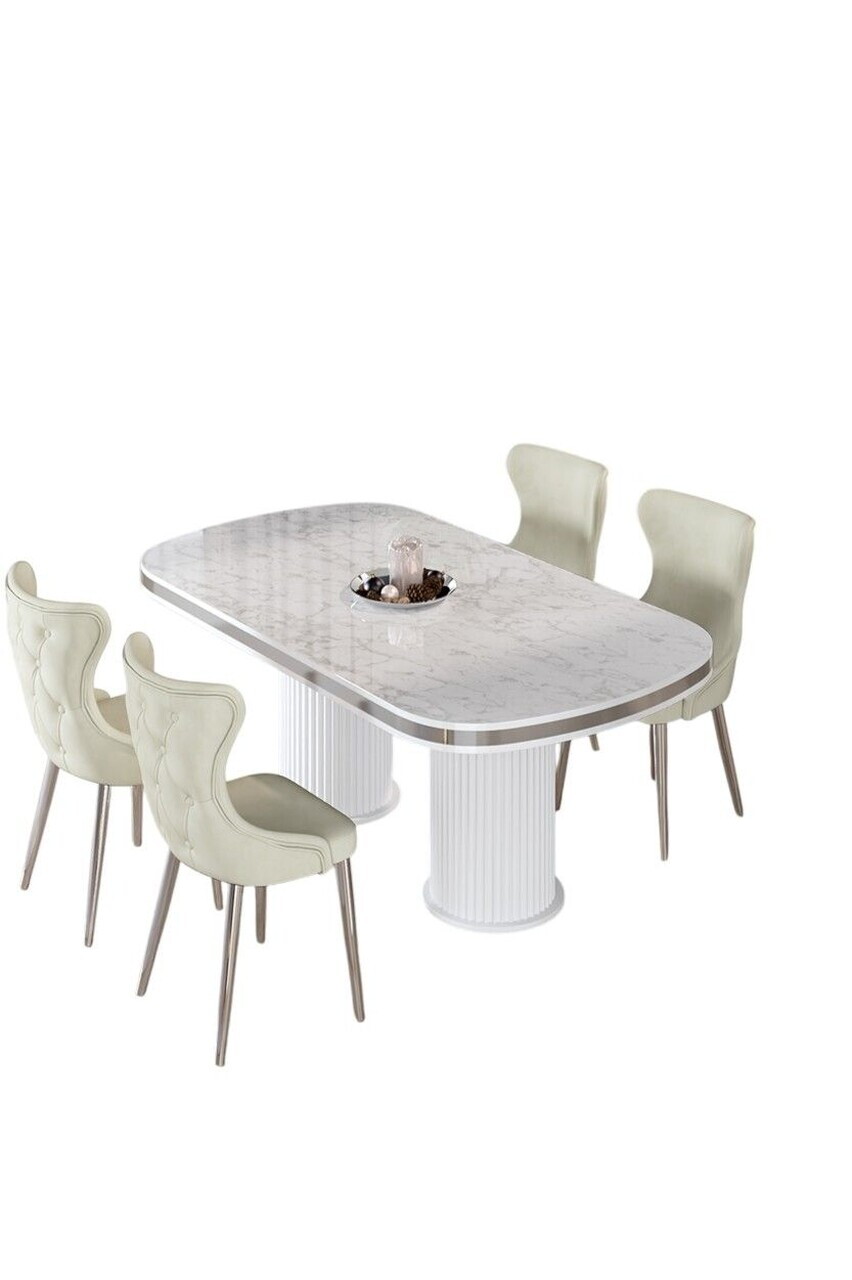 Set masa si scaune (5 piese), Hanah Home, Galya, Model de marmură albă / Crom / Crem — imaginea 2