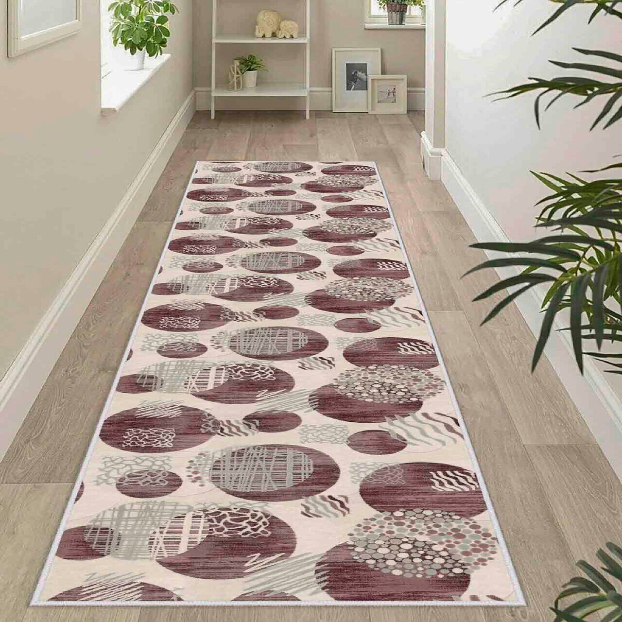 Covor Wooylk0027 80x350 cm Poliester Crem / Gri / Roșu Claret