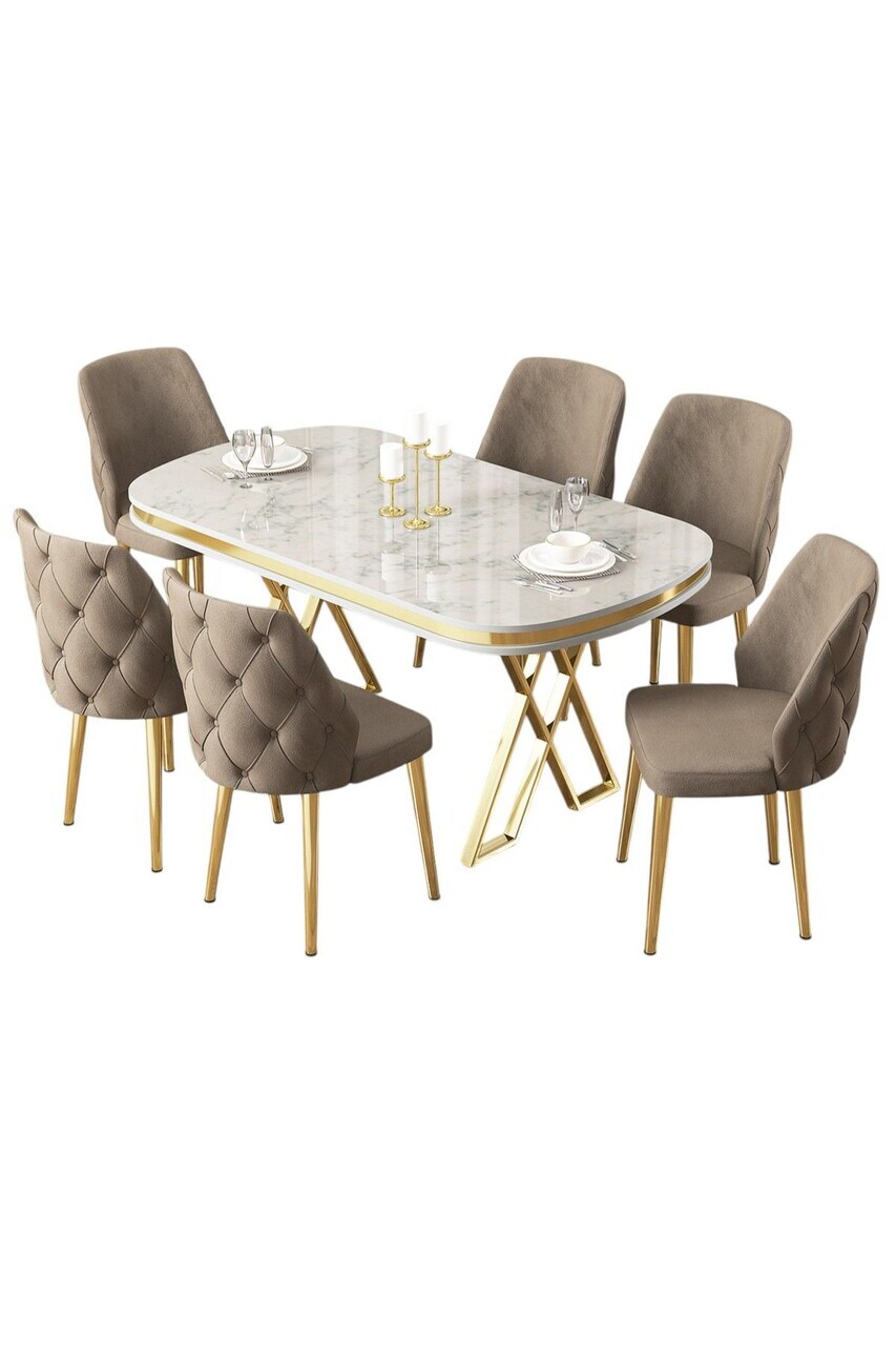Set masa si scaune (7 piese), Hanah Home, Afe, Model de marmură albă / Auriu / Cappuccino — imaginea 2