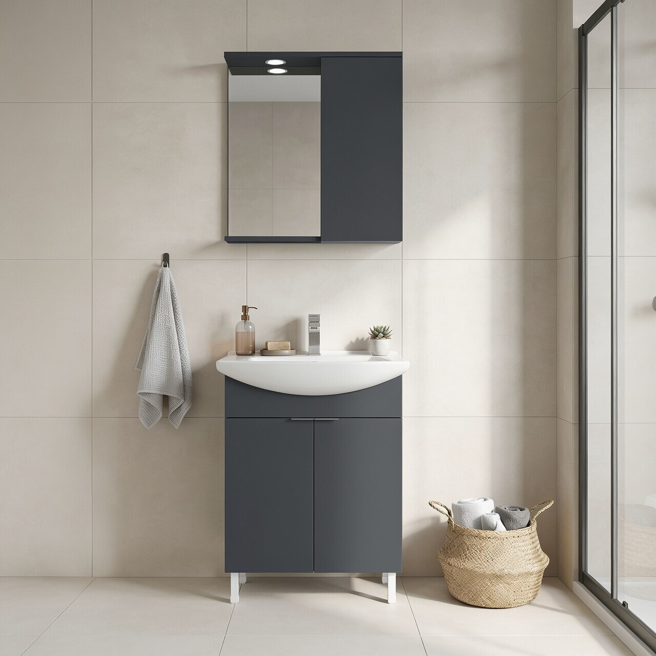 Set Dulap de Baie cu Chiuvetă și Oglindă (2 Piese), Hanah Home, Purus 65, Antracit mat