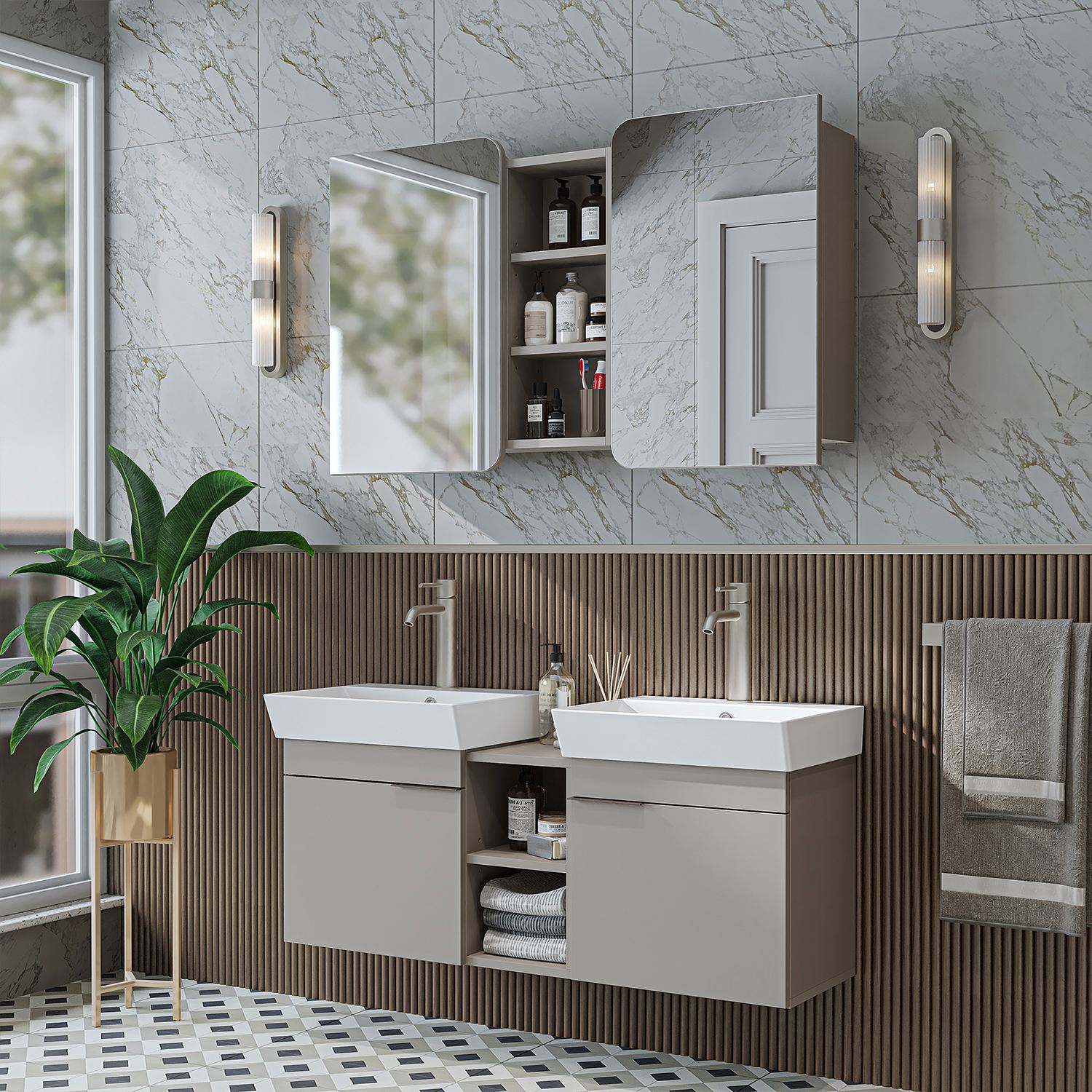 Set Dulap de Baie cu Chiuvetă și Oglindă (2 Piese), Hanah Home, 2953, PAL MELAMINAT, Gresie