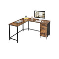 Birou in forma de L / birou de colt, Vasagle, Industrial, cu sertare, 137x150x75 cm, PAL/otel, maro